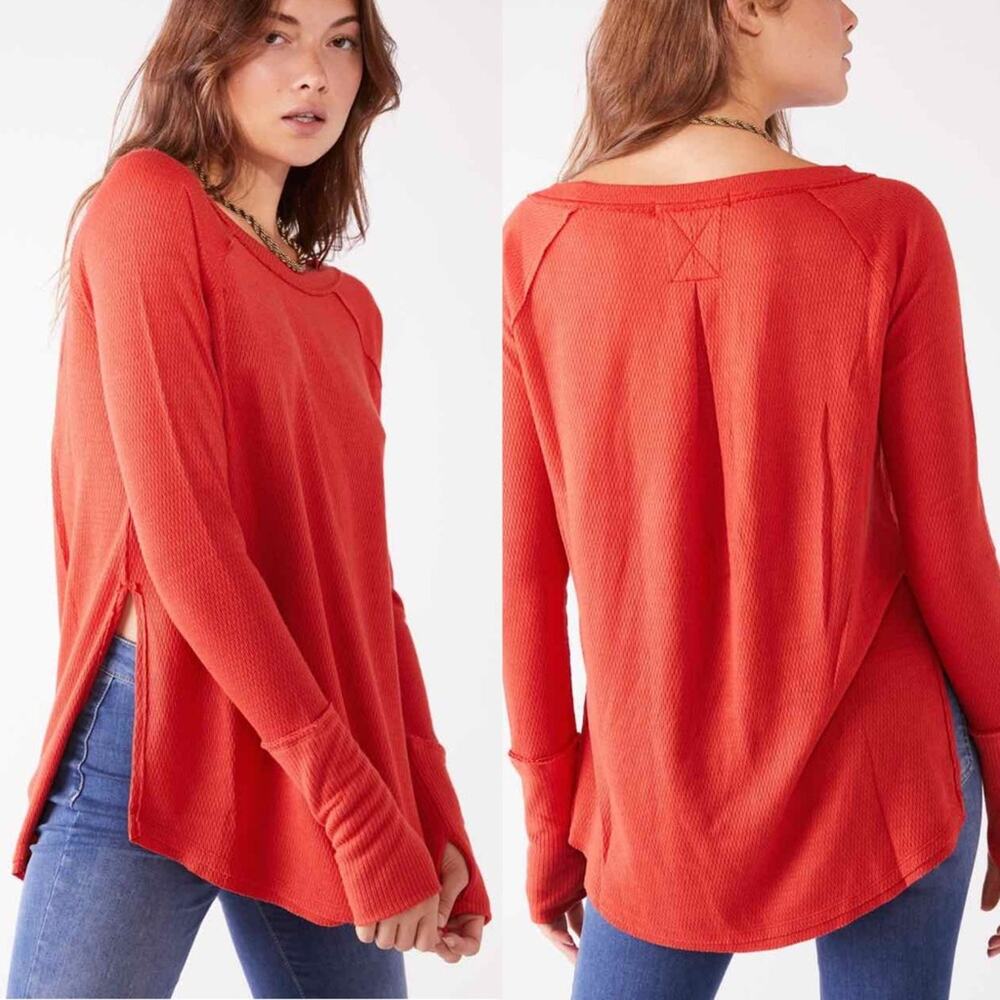 FP We The Free Snowy Thermal Scoop Neck Side Vent Top Orange Sz S Oversized Boho